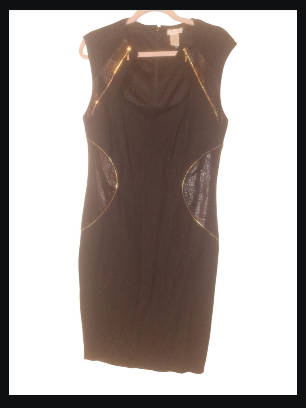 CACHE Sleek Black Sheath Dress with Gold Accents Sz 14